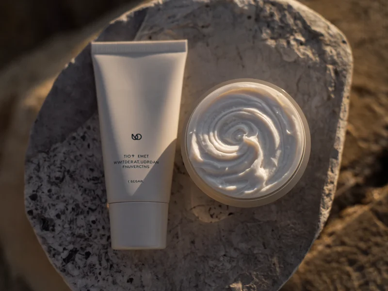 Tube mat et pot ouvert de crème blanche tourbillonnée sur une dalle de pierre grise