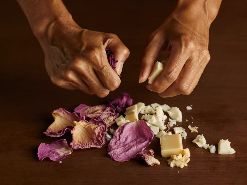 Mains écrasant pétales de rose séchés et beurre de karité sur une planche en bois