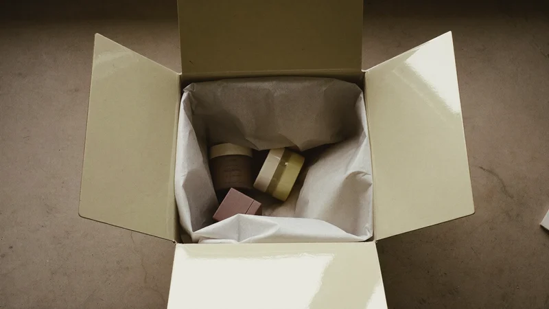 Boîte d'expédition ouverte avec papier de soie et petits pots cosmétiques sur un établi
